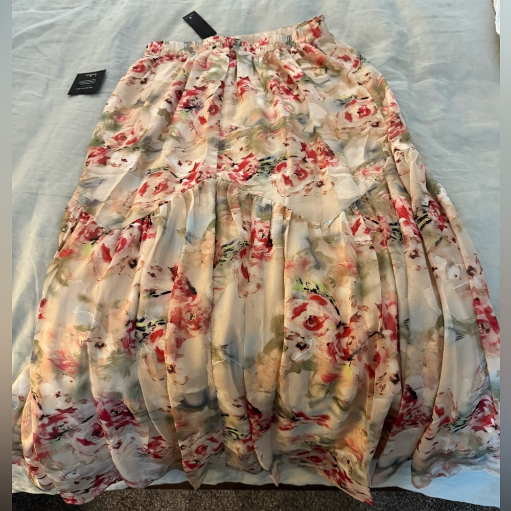 Lulu's Cream Floral Tiered Maxi Skirt with Pink Roses